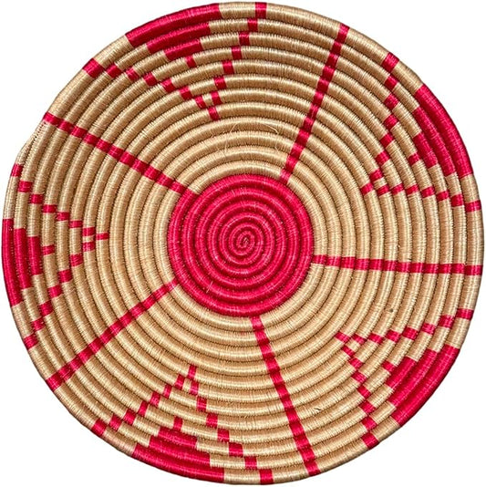 Handwoven African Basket Handmade sisal Fruit Bowl Wall Hanging decorative Baskets for Home Living Room Kitchen Centerpiece Zen Designs Arts and Crafts (Tan Pink Floral, 12in diameter)