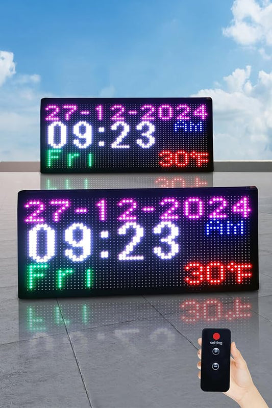 Large Double Sided Digital Wall Clock 19x9 Inch with Remote，Auto-Dimming, Temperature & Date Display, Indoor/Outdoor Waterproof Alarm Clock for Gym, Garage, Office, Shopping Mall