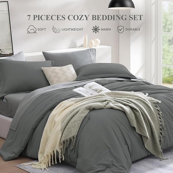 WRENSONGE Queen Comforter Set- 7 Pieces Soft Grey Bed in a Bag with Fitted Sheet, Flat Sheet, 2 Pillow Shams, and 2 Pillowcases- Warm Bedding Sets Queen for All Season