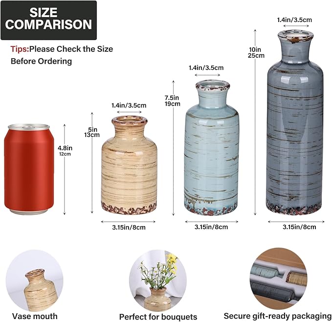 Ceramic Vase Set of 3 – Small Flower Vases, Modern Farmhouse Boho Flower Vases for Home Decor, Rustic Pottery Vases for Centerpieces, Living Room, Shelf, Fireplace, Entryway Decor, Table or Cabinet