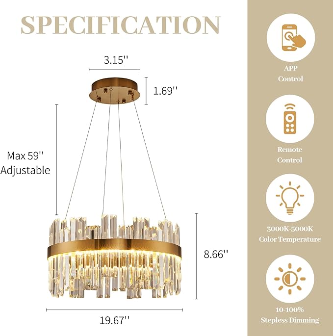 19.7'' Dimmable Modern LED Crystal Chandeliers,Gold Chandelier Light Fixture, 3 Colors Contemporary Pendant Ceiling Light for Dining Room Living Room Kitchen Island Entryway Foyer ,With Remote Control