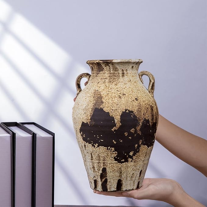 Pottery Vase - Vintage Rustic vase, 10" White Farmhouse Weathered Terracotta Vases, Handmade Clay Vase with Two Handles, Tall Textured Antique vases for Home Decor, Entryway, Fireplace Mantel Deco