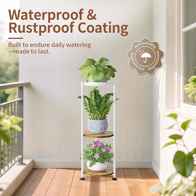 LASZOLA 3 Tier White Plant Stand Indoor for Large Tall Heavy Duty Flower Planter, Metal Vertical Multi Level Rack for Narrow Floor Corner, Sturdy Round Holder Organizer, Modern, Mid Century, Farmhouse