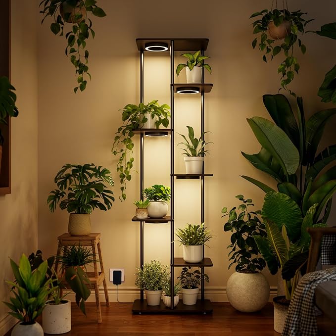 Plant Stand Indoor with Grow Lights, 7-Tier Flower Rack, 5-Pack Full Spectrum Lights with Timer, Corner Plant Stand for Indoor Plants, 53" Tall Rectangular Stand for Living Room