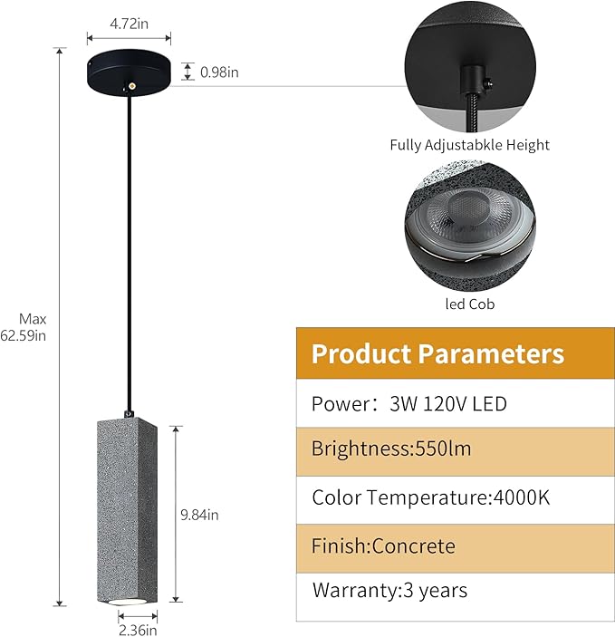 Modern Black Square LED Concrete Pendant Light Kitchen Islandceiling Light Fixture Pendant Lighting for Dining Room Coffee Club Resturant Bar Living Room(1-Pack)