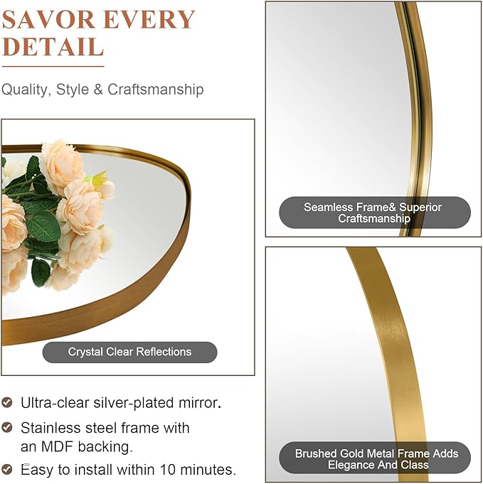 ANDY STAR 30"x48" Gold Wall Mirror，Brushed Brass Irregular Bathroom Mirror with Stainless Steel Metal Frame, Large Asymmetrical Mirror for Bathroom, Entryway (Horizontal/Vertical)