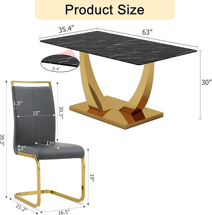 63” Dining Room Table Set for 4,Modern Gold Dining Table Set for 4, Rectangle kitchen Table Set With PU Leather Chairs,Black Faux Marble Dinner Table Set with Tempered Glass Top and Golden Base