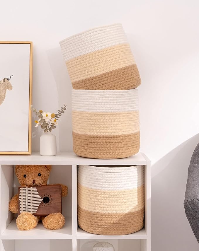 voten Round Storage Cubes Baskets Bins Organizer 11x11x11'' Fit 12x12'' Cube Storage, Durable Woven Cotton Rope, 3-Tone Honey, 3-Pack, Collapsible