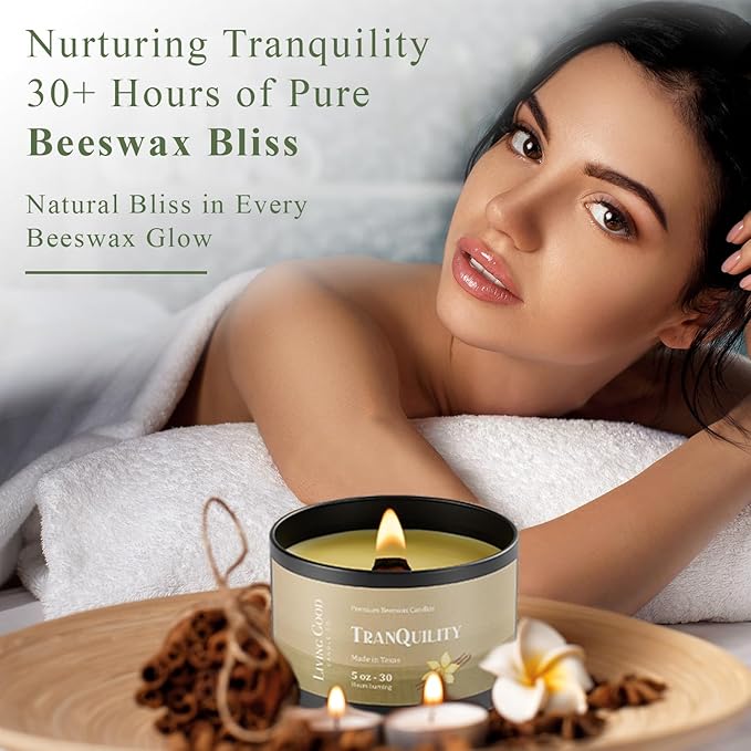 Tranquility Pure Beeswax Candle Tin 30+ Hours Long Burning Classically Designed Non-Toxic Scented Candles for Home Decor and Aromatherapy to Stress & Anxiety Relief with Natural Fragrance - 5 oz