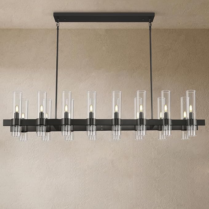 Modern Black Linear Chandelier for Dining Room, 54'' Rectangular Dining Chandeliers Over Dining Table 16 Light, Linear Chandelier Lighting Fixture with Glass over Kitchen Island, Includes Bulbs