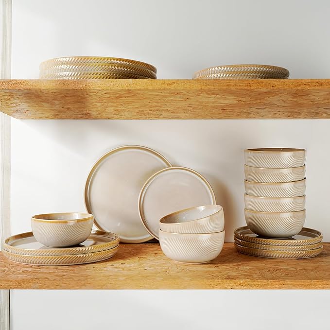 Earthsong Dinnerware Sets for 8, 24-Piece Ceramic Plates and Bowls Set, Dishwasher and Microwave Safe Stoneware Dishes Set, Ribbed, Sculpted Dune