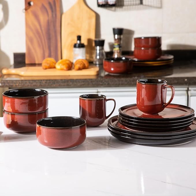 LeRatio Ceramic Dinnerware Sets for 6,Porcelain Plates and Bowls Sets,Handmade Reactive Glaze Dishes Set,Chip Resistant and Scratch Resistant | Oven&Dishwasher & Microwave Safe-Red(18PCS)