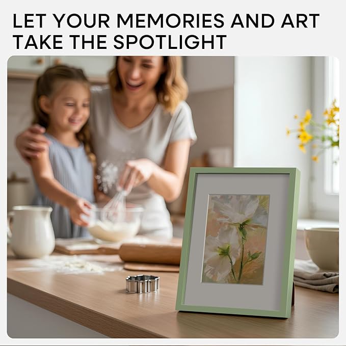 Homeforia A5 Sage Green Frame, High End Metal 5.8 x 8.3 Picture Frames Matted to 4.1 by 5.8 inch Art, A5 Display Photo Frame with Mat A6, 5.8x8.3 Green Poster Frames, Tempered Glass, Wall Kit, Set of 1