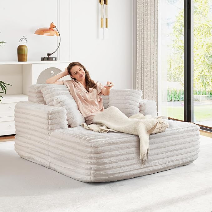 56"W Oversized Chaise Lounge Chair Indoor,Plush Faux Fur Sleeper Sofa Couch Bed with Pillows&Wide Armrest,Fluffy Comfy Cloud Sofa,Compression Foam Boneless Couch for Living Room,Bedroom(Beige)