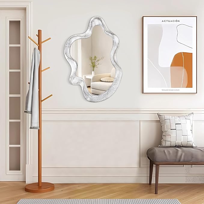 Asymmetrical Mirror Wood Frame Irregular Wall Mirror Unique Shape Wavy Wall Mirror Modern Artistic Cloud Mirror Decorative for Living Room Bedroom Cloakroom Bathroom Entryway Hallway White