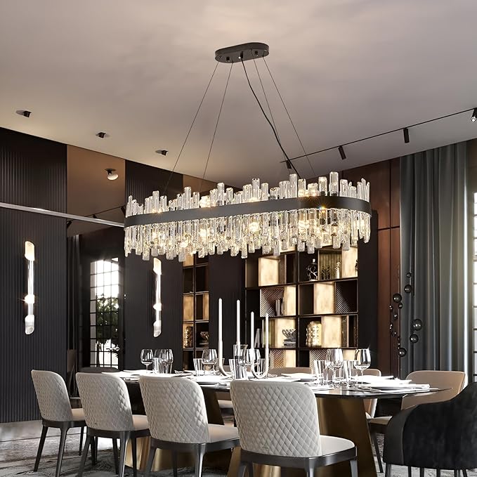 Rectangle Crystal Chandeliers, L43.4 inch 20-Light Black Chandelier Lighting Fixture, Height Adjustable Oval Pendant Ceiling Light for Dining Room Over Table Kitchen Island