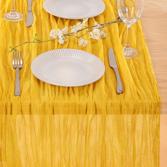 MLMC Gold Table Runner Rustic Gauze Cheesecloth Table Runner 13.3ft Fall Decor Cheese Cloth Table Decoration 35x160 Inches for Party Family Gatherings Home Decor
