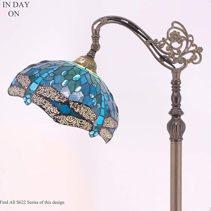 WERFACTORY Tiffany Floor Lamp Sea Blue Stained Glass Dragonfly Arched Lamp 12X18X64 Inches Gooseneck Adjustable Corner Standing Reading Light Decor Bedroom Living Room S622 Series