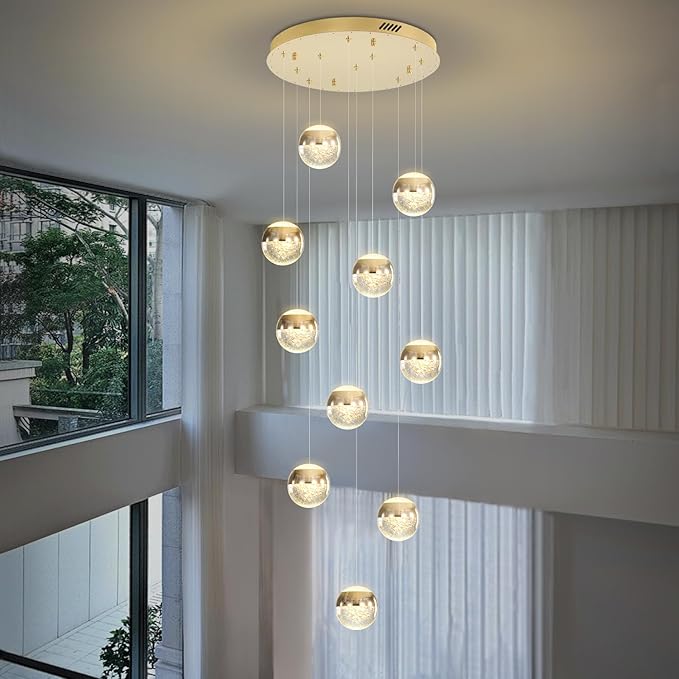 LED Staircase Chandelier Crystal Globe Pendant Light Gold Large Chandeliers for High Ceiling,10-Lights Hanging Flush Mount Lighting Fixtures for Foyer,Entryway,Living Room