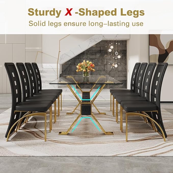 71'' Glass Dining Table Set for 8,9 Piece Dining Table Set with Open‑Frame X‑Shaped Golden Metal Base,Gold Kitchen Table and Chairs Ideal for Dining Room&Home Office