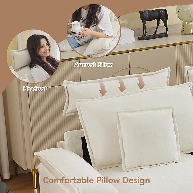 134'' Cloud Modern 4 Seater Couch with Detachable Headrest, Modular Sectional Sofa with 2 Ottoman, Oversized U Shape Chenille Comfy Sofa with Armrests for Living Room, Beige