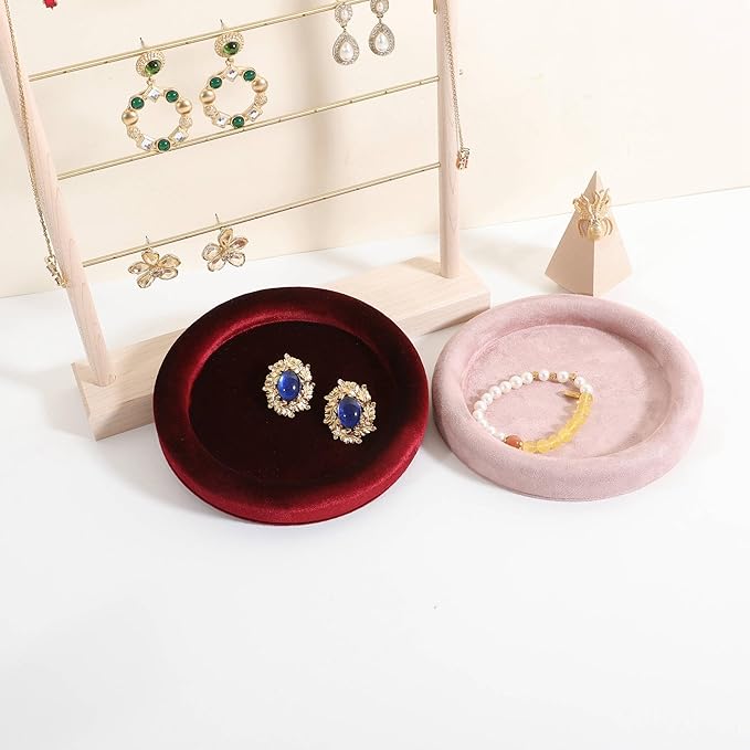 GemeShou Round Jewelry Organizer plate, Top Microfiber velvet Jewerly display tray, Empty Jewelry showcase tray for Necklace Bracelet Ring Earring display stand holder (Red-Small, 5.9 x 5.9 in)