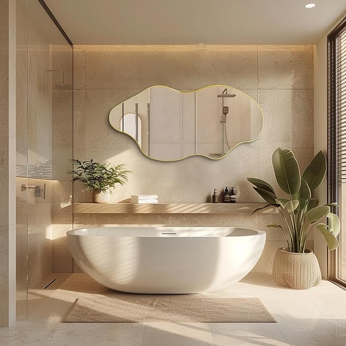 Large Irregular Mirror, Asymmetrical Wall Mirror, 52"x25.5" Gold Abstract Mirrors Decorative, Modern Frameless Wavy Shaped Mirrors for Dressing Living Room Bathroom Bedroom Hallway Entryway