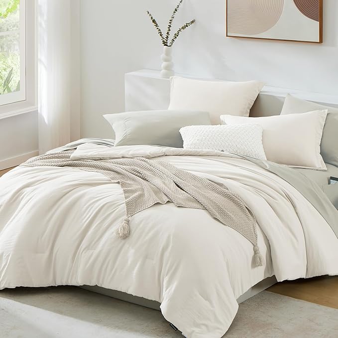 WRENSONGE Queen Comforter Set - 7 Pieces White Soft Bed in a Bag Queen with Fitted Sheet, Flat Sheet, 2 Pillow Shams, and 2 Pillowcases- Warm Bedding Sets for All Season