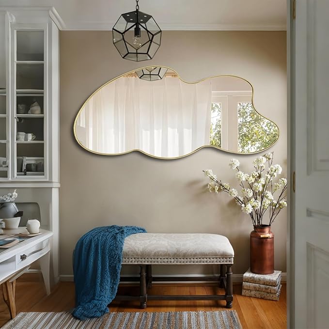 Gold Irregular Mirror, Asymmetrical Wall Mirror, 49.6"x26" Cloud Shaped Mirrors, Large Metal Frame Mirrors for Living Room Bathroom Bedroom Hallway Entryway Fireplace