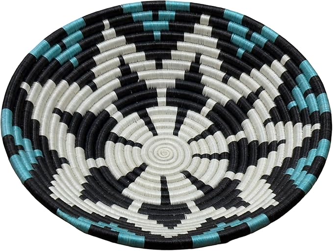 Handwoven African Basket Handmade sisal Fruit Bowl Wall Hanging decorative Baskets for Home Living Room Kitchen Centerpiece Zen Designs Arts and Crafts (Blue Black Natural, 8in diameter)