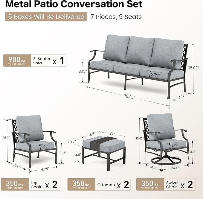 7 Piece Metal Outdoor Patio Furniture Set, Patio Conversation Sets 1 3-seater Sofa, 2 Fixed Chairs, 2 Swivel Chairs, 2 Ottomans with 5.75" Thick Cushion, Black Backyard Furniture, Gray