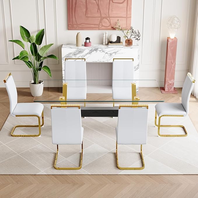 7 Piece Glass Dining Table Set, Kitchen Table Chairs Set for 6, 71'' Dining Table with 0.4" Tempered Glass Tabletop with Plated Metal Legs and MDF Crossbar, 6 PU Chairs for Dining Room, Kitchen.
