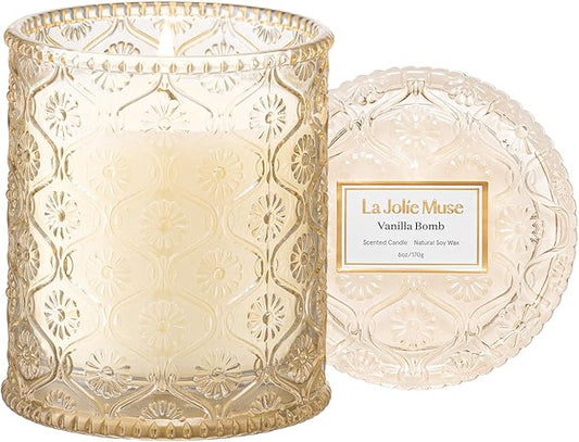 LA JOLIE MUSE Fall Candle | Vanilla Bomb Candle –Vanilla, Lemon Zest & Patchouli | 6 oz Cotton Wick | Natural Soy Wax | 40 Hours Clean Burn | Gift-Ready for Autumn Hosting | Seasonal Home Décor