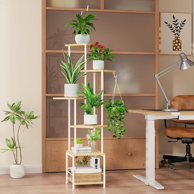 Plant Stand Indoor with Grow Light, 6-Tiered Tall Plant Stand Indoor, Metal Plant Shelf with Hanging Basket Hook and Adjustable Light, Ideal for Living Room, Garden, Patio, （Maple）