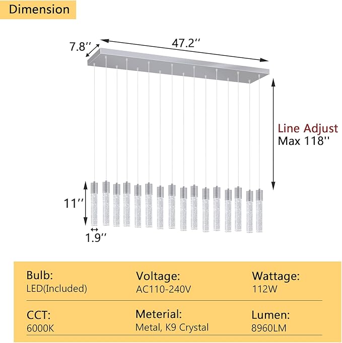 16-Lights Modern Crystal Rectangular Chandeliers LED Pendant Light for Kitchen Island High Ceiling Chandelier for Dining Room Entrance Foyer Living Room Silver