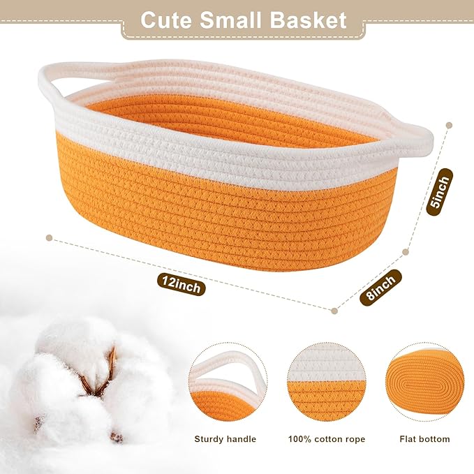 OIAHOMY Gift Basket Empty with Handle, 12"x 8"x 5" Small Woven Basket with Gift Bag, Ribbon and Wrap Tissue Paper, Dog Toy Storage for Organizing - Orange & White