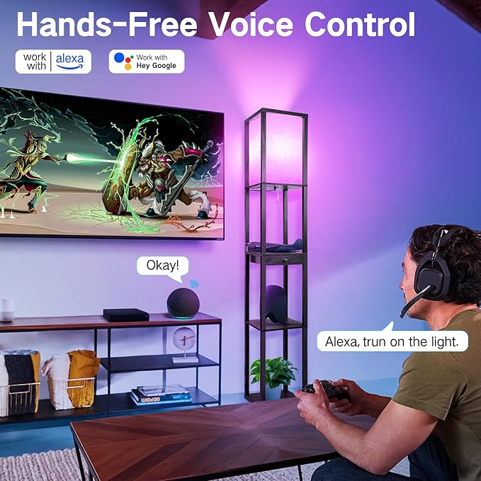 OUTON Floor Lamp with Shelves & Drawer, LED Dimmable Floor Lamp with Remote & App & Voice Control, Charging Station, Color Changing, Storage Display Wood Standing Lamp for Living Room, Bedroom Office