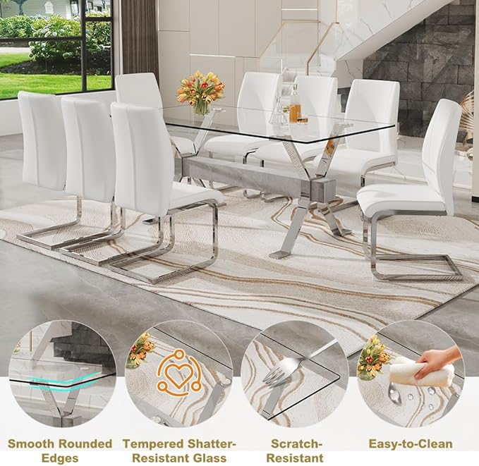 71'' Glass Dining Table Set for 8,9 Piece Dining Table Set with Tempered Glass Tabletop and Open‑Frame X‑Shaped Metal Base,Kitchen Table and Chairs Ideal for Dining Room&Home Office