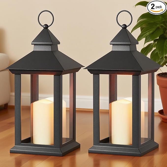 Lanterns Decorative Indoor, 2 Packs 14" Battery-Powered Waterproof Black LED Candle Lanterns with Timer for Patio & Outdoor, Vintage Hanging Lantern for Home & Wedding, Transparent