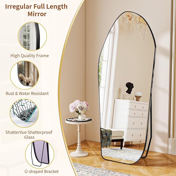 BEAUTYPEAK Irregular Full Length Mirror - 67x24 Inch Black Framed Modern Mirrors, Unique Shape Vanity Wall Mirror for Living Room Bedroom Entryway Hallway