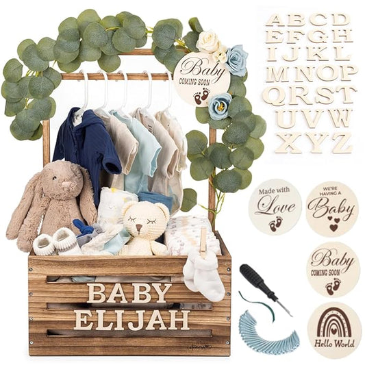 Wooden Baby Shower Crate Closet - Customizable Wooden Crate Box with Dual Rod System, Personalized Baby Shower Basket Alphabet Letters, Easy Assembly Baby Baskets for Baby Shower (Rustic Burnt Wood)
