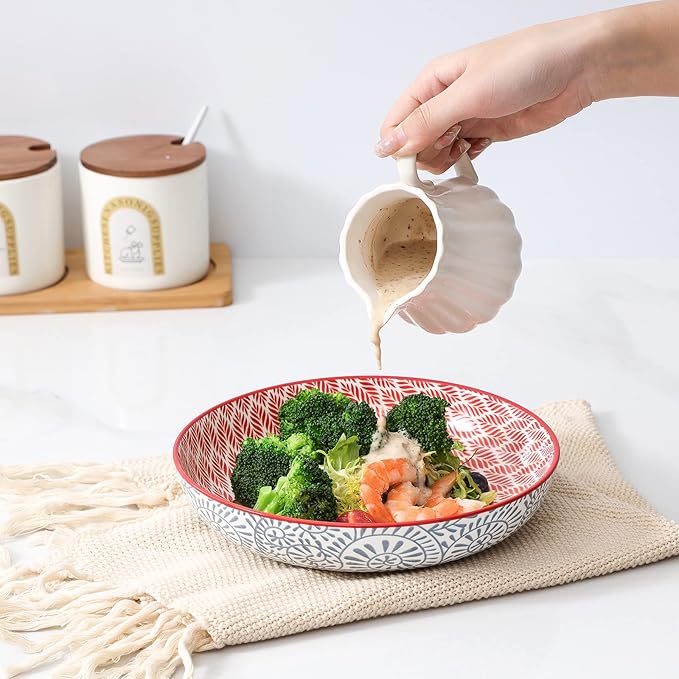 KitchenTour Large Pasta Bowls 34 oz, Ceramic Salad Serving Bowls Set of 6, 8.6 Inch Wide and Shallow Bowl Soup Bowl- Dishwasher and Microwave Safe, Assorted Colors