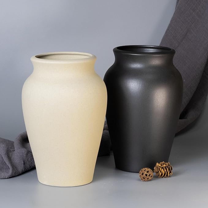 Ceramic Vase for Home Decor, 9 Inch Wide Mouth Pottery Vase, Vintage Farmhouse Vase Boho Neutral Decor, Terracotta Rustic Vase for Living Room, Entryway, Floor, Mantel Decoration（Pottery Clay）
