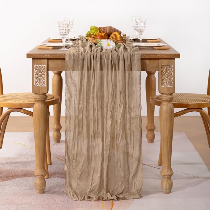 MLMC Nude Cheesecloth Table Runner 10ft Boho Gauze Taupe Cheese Cloth Table Runner Rustic Neutral Fall Centerpiece Decor 35x120 Inches for Wedding Farmhouse Reception Home Decor