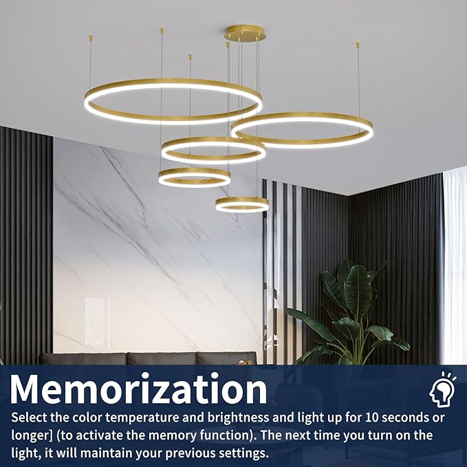 LED Pendant Light for Kitchen Island, 5-Ring Gold Modern Chandelier, Dimmable 3000K-6500K, Adjustable Height, Remote Control, Hanging Ceiling Lighting Fixture for Dining Room, Living Room Lamp