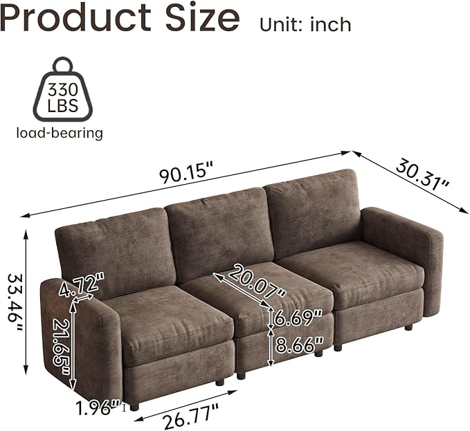 3-Seat Modular Sofa Couch with Ergonomic Cushions, Convertible Sleeper Loveseat for Living Room Bedroom Apartment, Brown Cloud Futon Lounge Sectional Furniture Set