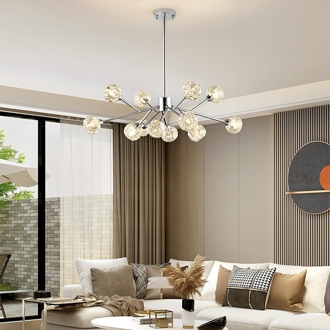 Sputnik Chandeliers for Dining Room Light Fixture Over Table, Modern Crystal Chandeliers, 12 Lights Chrome Lighting Fixtures for Living Room Bedroom Kitchen Island Bar