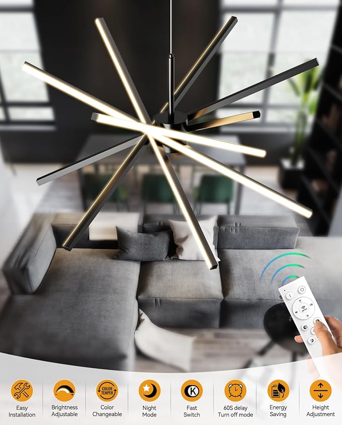 Modern Sputnik Chandelier Ceiling LED Black Pendant Light Embedded Mount Chandeliers Dining Room Light Fixtures Over Table Dimmable with Remote Control for Living Room Kitchen Bedroom (6-Light Black)