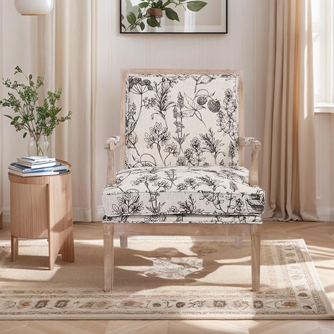 Floral Accent Chair Mid-Century Modern Living Room Chairs Upholstered Fabric Reading Chair Lounge Armchair with Solid Wood Frame & Removable Cushion for Bedroom, Balcony, Floral Pattern