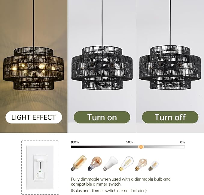 24” Black Boho Large Rattan Chandelier Light Fixture,6-Light Large Hand Woven Pendant Light Fixture Farmhouse Rustic Chandeliers for Kitchen Bedroom, Dining Room, Living Room, Hallway, Foyer